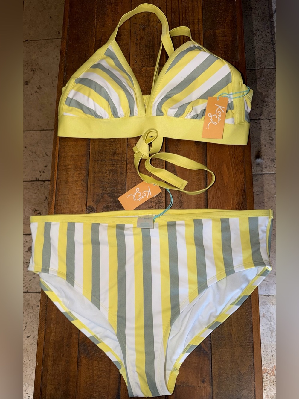 Kona Sol Yellow, White & Sage Striped Bikini Set